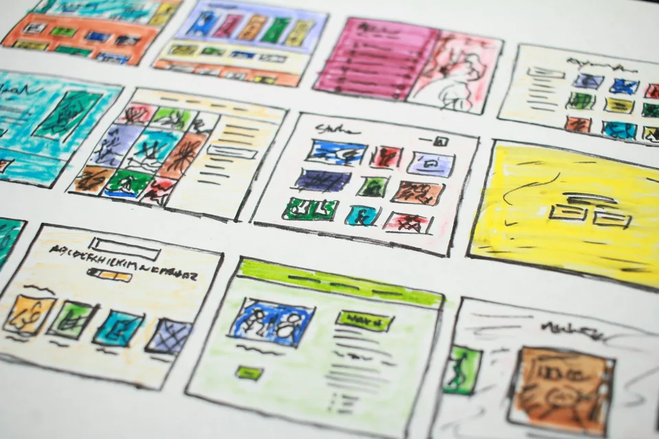 Farbige, handgezeichnete Entwürfe verschiedener Website-Layouts